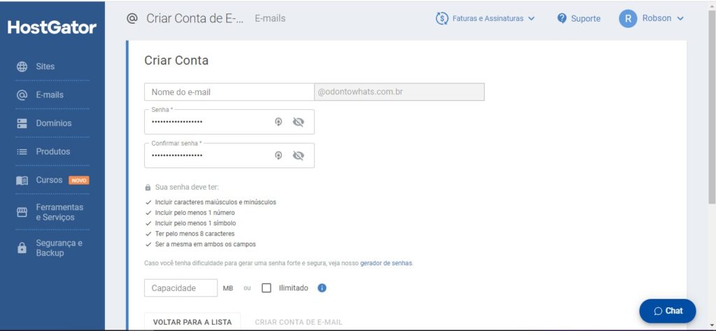 criar conta de email hostgator