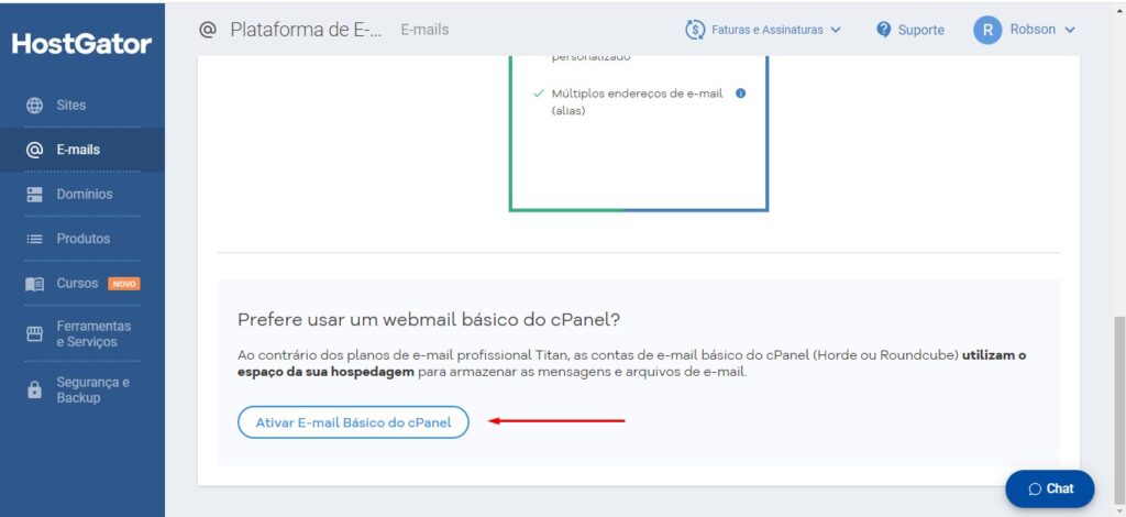 plano basico do cPanel